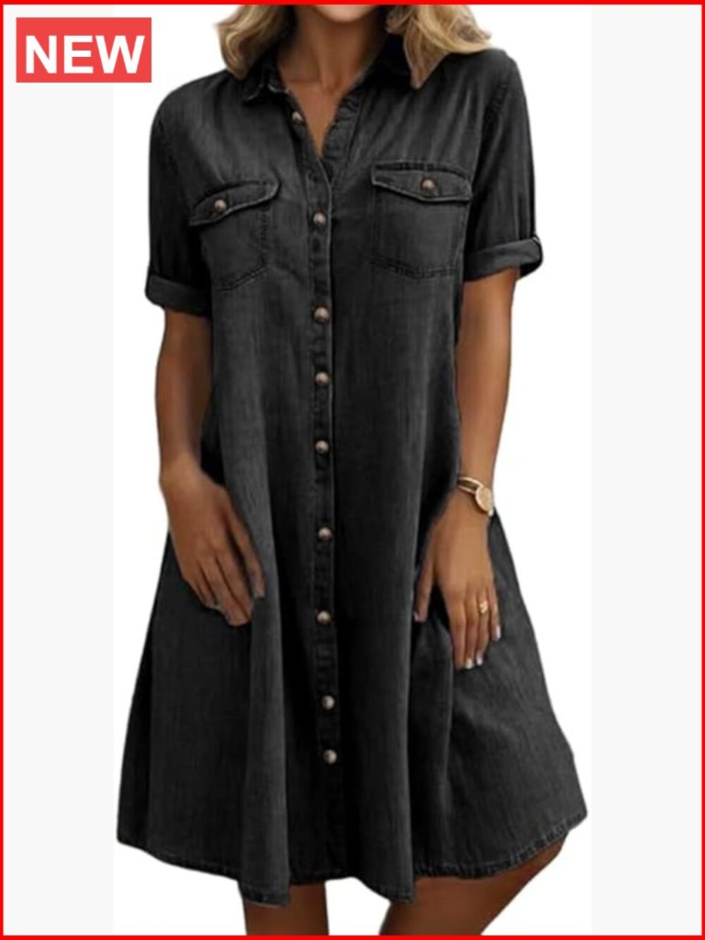 Women's Short Sleeve Denim Shirt Dress Business Casual Button Down Midi Dress